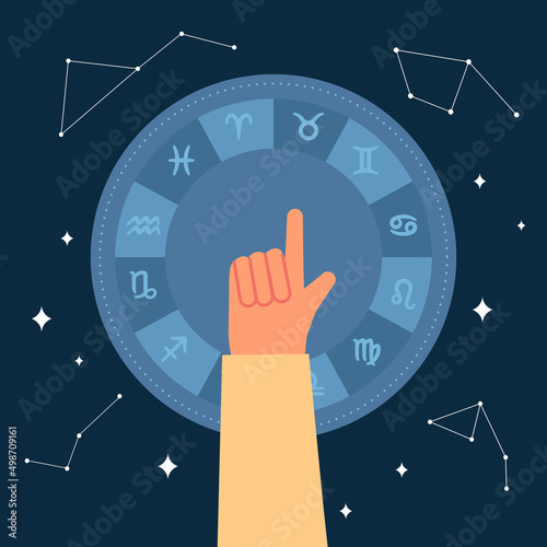 Hand pointing at zodiacal wheel flat vector illustration. Astrological signs on dark blue background. Astrology, horoscope concept for banner, website design or landing web page