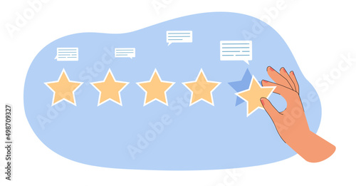 Customer giving five star rating flat vector illustration. Clients leaving positive feedback and satisfied with service, Review, evaluation concept for banner, website design or landing web page
