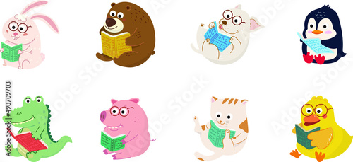 Cute Cartoon Animal Characters Reading Books Set:dog,pig,cat,Crocodile,rabbit,bear,duck,penguin.Children educational illustration.