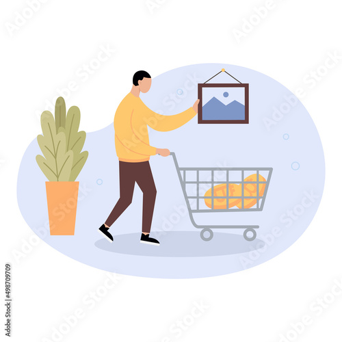 NFT concept. People creating buying and working with cryptoart. Non-fungible token auction. Unique masterpieces markets. Vector.