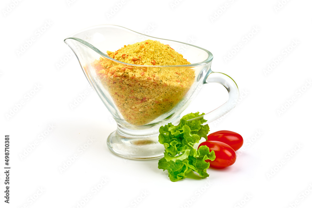 Dried vegetables, seasonings for cooking, isolated on white background.