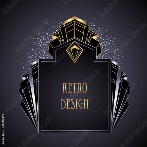 Art Deco vintage gold and silver design element over black. Retro party geometric background set 1920s style. Vector illustration for glamour party, thematic wedding or textile prints.