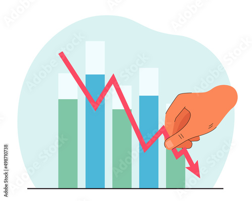 Hand holding lowing arrow in background of bar charts. Reduced income flat vector illustration. Reduction, recession concept for banner, website design or landing web page