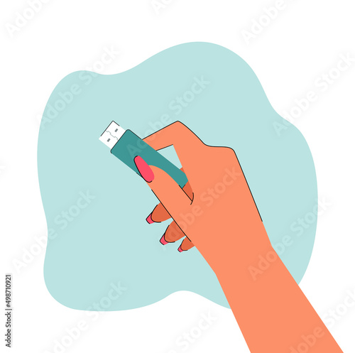 Female hand holding memory stick flat vector illustration. Person holding USB flash drive for storing information. Hardware concept for banner, website design or landing web page