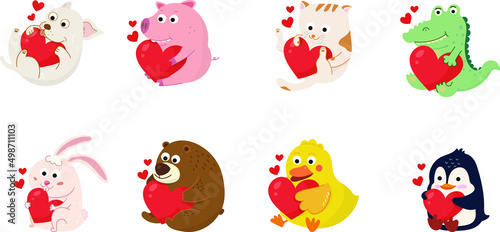 Cute Cartoon Animal Characters holding red heart Set:dog,pig,cat,Crocodile,rabbit,bear,duck,penguin.Lovely Animal in love on valentines day gives gift illustration