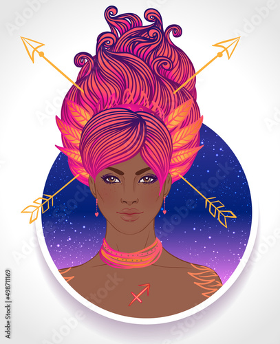 Illustration of Sagittarius astrological sign as a beautiful African American...