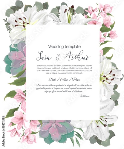 Vector floral template for wedding invitation. White lilies, pink magnolia, sakura, succulents, eucalyptus.