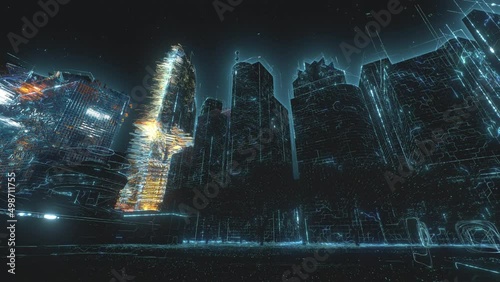 Smart city concept with abstract infographics. Artificial intelligence technology, digital city, data communication, 5g networks