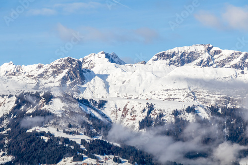Haute Savoie  France  Alps  country of Mont Blanc  view on the snow covered mountain peaks in winter  Combloux  France