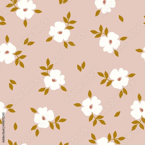 Seamless vintage pattern. white flowers and golden leaves . Pink background. vector texture. fashionable print for textiles, wallpaper and packaging.