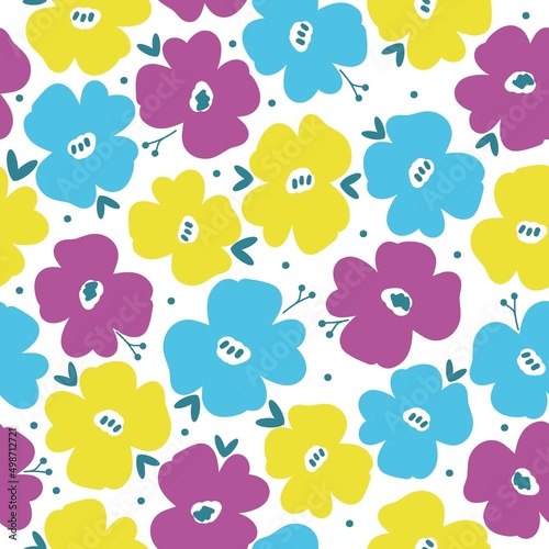 Seamless vintage pattern. Yellow, blue and purple flowers. White background. vector texture. fashionable print for textiles, wallpaper and packaging.