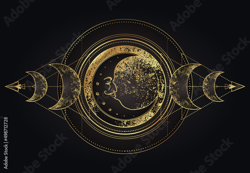 Moon magic. Triple moon pagan Wicca moon goddess symbol. Three-faced Goddess. Maiden, Mother, Crone vector illustration. Tattoo, astrology, alchemy, boho and magic symbol golden over black.