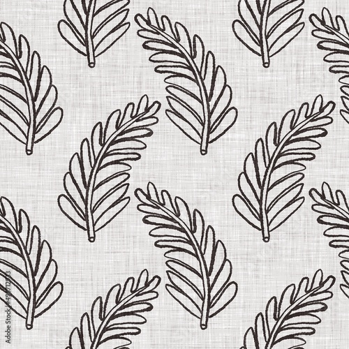 French grey botanical leaf linen seamless pattern with 2 tone country cottage style motif. Simple vintage rustic fabric textile effect. Primitive modern shabby chic kitchen cloth design.