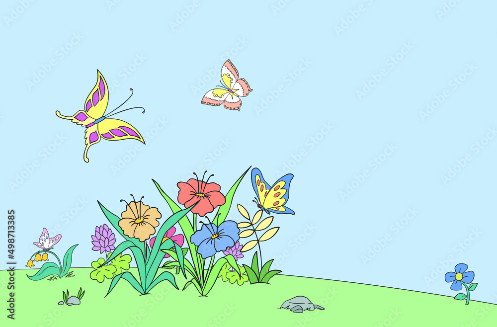 flowers and butterflies in the spring on a clearing, coloring, cartoon flowers and butterflies in the spring on a clearing, coloring, cartoon