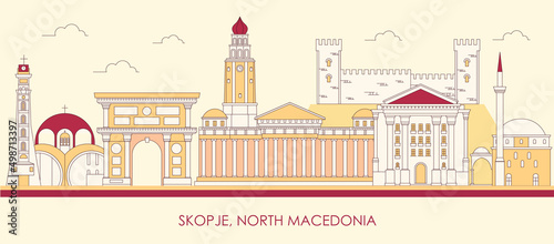 Cartoon Skyline panorama of city of Skopje, North Macedonia - vector illustration