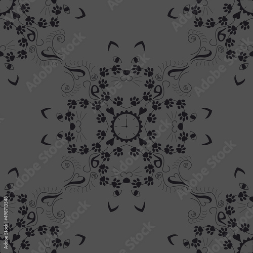 Original cat heads around a clock, with cat paws. Nine hours, nine lives. Seamless pattern. Color grey. Vector illustration.