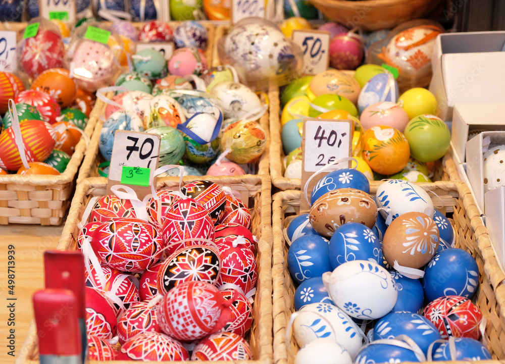 Beautiful colorful decor for Easter. Traditional Easter painted colorful eggs are sold at a market in Prague, Czech Republic. 