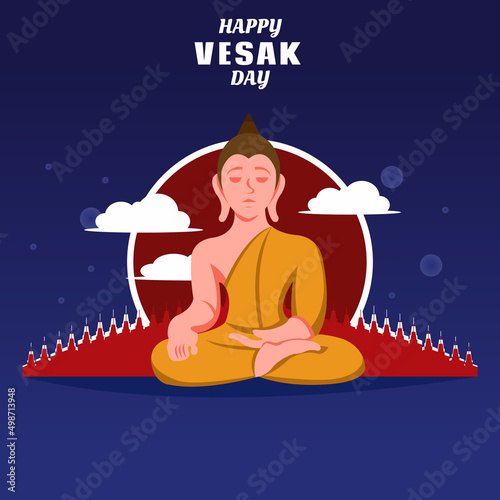 illustration vector graphic of Buddha is sitting in front of the temple, showing the red sun and white clouds, perfect for religion, holiday, culture, vesak day, greeting card, etc.