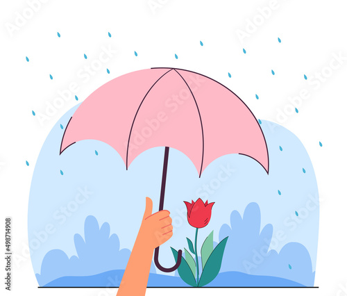 Hand holding umbrella over flower flat vector illustration. Person protecting plant from bad weather and rain. Gardening, care, safety concept for banner, website design or landing web page