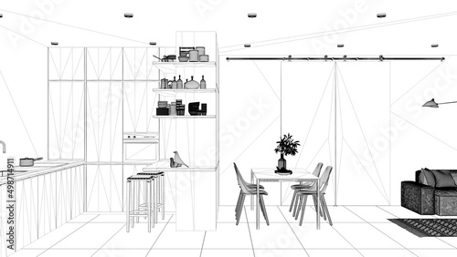 Blueprint project draft, modern minimalist living room and kitchen, tiles, sofa, dining table, chairs, island with stools, wooden cabinets, sliding door, architecture interior design