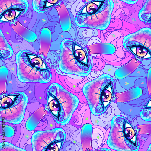 Magic mushrooms. Psychedelic hallucination. Vibrant vector illustration. 60s hippie colorful background, hippie and boho texture. Ttrippy wallpaper.