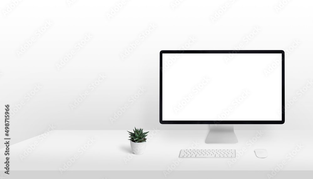 Computer display mockup on work desk with copy space beside. Clean, light composition. Isolated screen for page presentation Computer display mockup on work desk with copy space beside. Clean, light composition. Isolated screen for page presentation