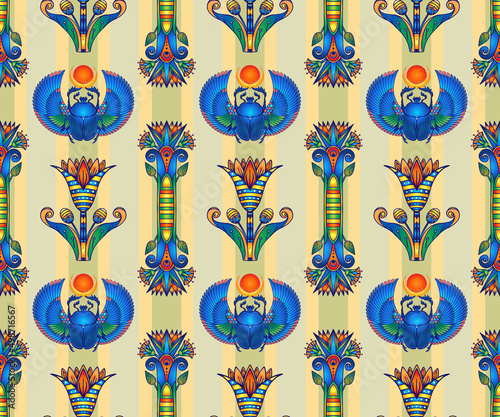 Ancient Egypt. Vintage seamless pattern with Egyptian symbols. Retro hand drawn vector repeating illustration.