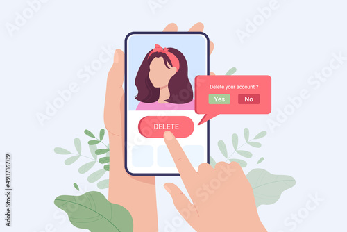 Hands holding phone and deleting account from social network. Woman pressing delete button on smartphone, deleting personal information flat vector illustration. Addiction, modern technology concept
