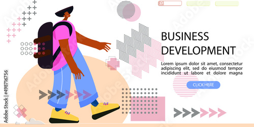 Cartoon flat character against the background of a memphis pattern. Landing page mockup, business development concept