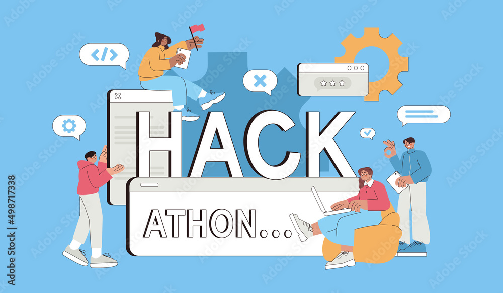 Hackathon flat vector illustration. Business people team of programmers, web developers, project managers and graphic designers work together for develop, create program. Software development concept. Hackathon flat vector illustration. Business people team of programmers, web developers, project managers and graphic designers work together for develop, create program. Software development concept.