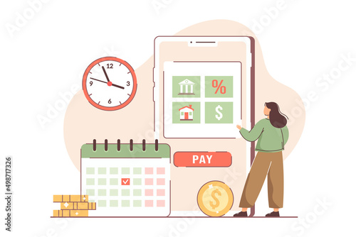 Flat monthly payments calendar. Woman with payment schedule pay money for interest rate, fees, principal and financial bills by month period. Reminder of salary day. Due date of debt, loan, house rent