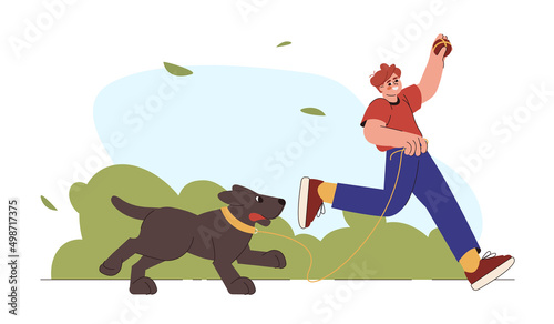 Flat young man walks with dog on leash in city park. Boy owner and happy cute domestic animal play and spend time together. Playful puppy enjoy outdoor activity. Pet walking service concept.