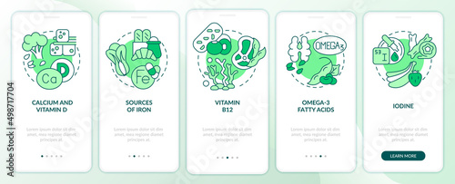 Sources of nutrients green onboarding mobile app screen. Veganism walkthrough 5 steps graphic instructions pages with linear concepts. UI, UX, GUI template. Myriad Pro-Bold, Regular fonts used