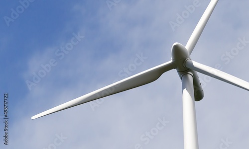 Wind turbine spinning to generate electricity for households. clean and sustainable energy concept. 3D illustration rendering