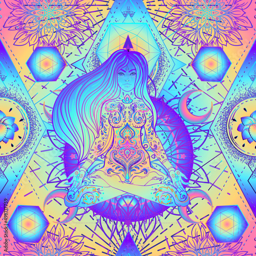 Psychedelic seamless pattern with magic girl sitting and meditation in lotus position over geometry. Vector repeating illustration. Psychedelic concept. Rave party, trance music. Esoteric art.