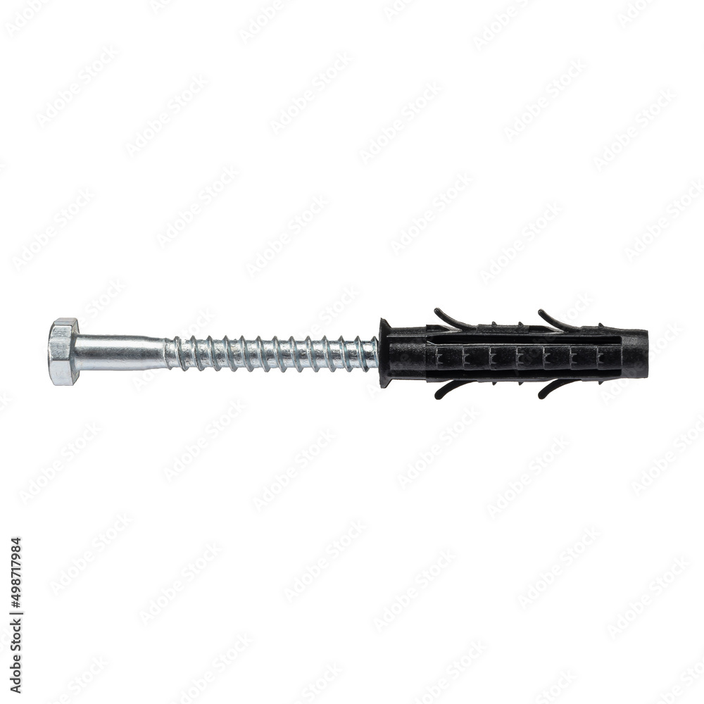 Metal nail, self-tapping screw, screw with a plastic dowel for construction work and repair on a white isolated background. Metal nail, self-tapping screw, screw with a plastic dowel for construction work and repair on a white isolated background.