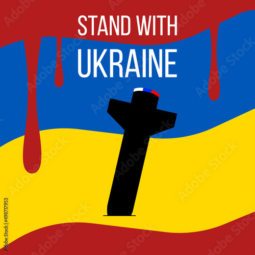 Stand with Ukraine slogan in the map of Ukraine. Protest against the war in Ukraine. Blood on Ukrainian flag. Red forbidding sign and military aircraft with missiles and bombs. Destruction of civilian