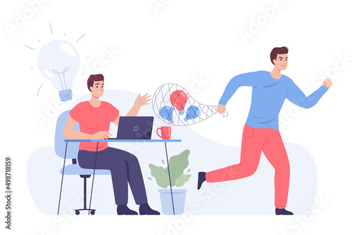 Thief stealing creative ideas from man sitting at desk. Plagiarist running away with bag of lightbulbs, stealing ideas of author flat vector illustration. Plagiarism, infringement of copyright concept