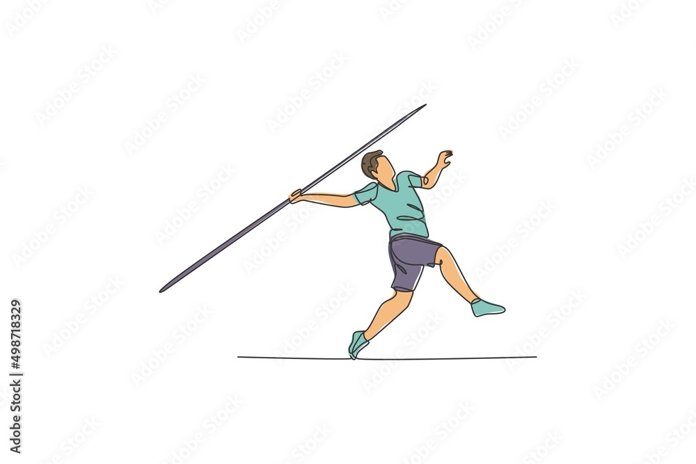 One continuous line drawing of young sporty man exercise to run stance before throw javelin on the field. Athletic games. Olympic sport concept. Dynamic single line draw design vector illustration