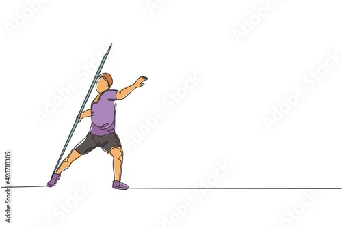 One single line drawing of young energetic man exercise throw javelin with all the power vector illustration graphic. Healthy lifestyle athletic sport concept. Modern continuous line draw design