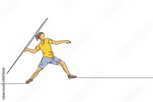 Single continuous line drawing young sportive woman practice to focus before throw javelin on the court stadium. Athletic games sport concept. Trendy one line draw design vector graphic illustration