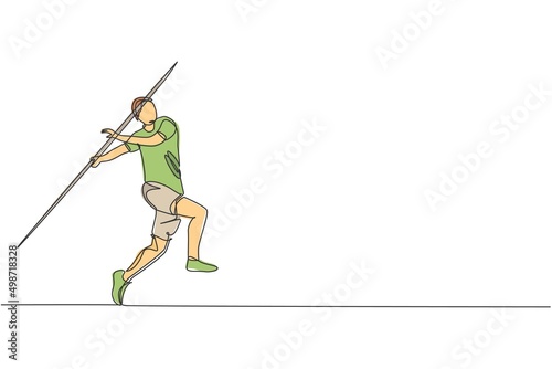 Single continuous line drawing of young sportive man practice to focus before power throw javelin on the court stadium. Athletic games sport concept. Trendy one line draw design vector illustration