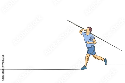 One continuous line drawing of young sporty man exercise to concentrate before throw javelin on the field. Athletic games. Olympic sport concept. Dynamic single line draw design vector illustration