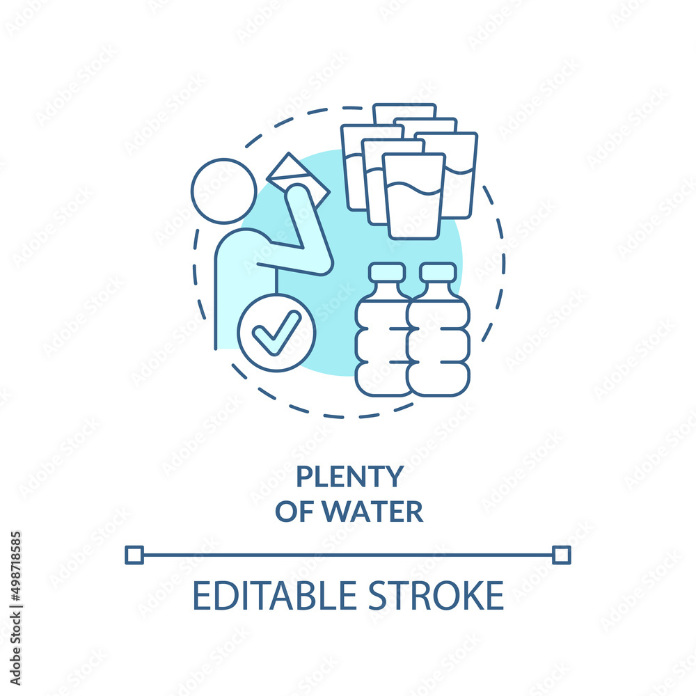 Plenty of water turquoise concept icon. Liquid consumption. Tip for vegan lifestyle abstract idea thin line illustration. Isolated outline drawing. Editable stroke. Arial, Myriad Pro-Bold fonts used Plenty of water turquoise concept icon. Liquid consumption. Tip for vegan lifestyle abstract idea thin line illustration. Isolated outline drawing. Editable stroke. Arial, Myriad Pro-Bold fonts used