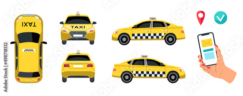 Taxi service elements vector illustrations set. Taxi cab top, side, back and front view, location marks, hand holding phone, yellow car isolated on white background. Traveling, transportation concept