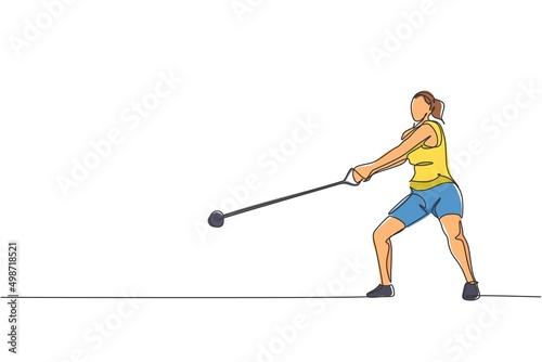 One continuous line drawing of young sporty woman exercise to focus before throw heavy hammer on the field. Athletic games. Olympic sport concept. Dynamic single line draw design vector illustration