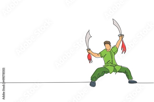Single continuous line drawing young man wushu fighter, kung fu master in uniform training with swords at dojo center. Fighting contest concept. Trendy one line draw graphic design vector illustration