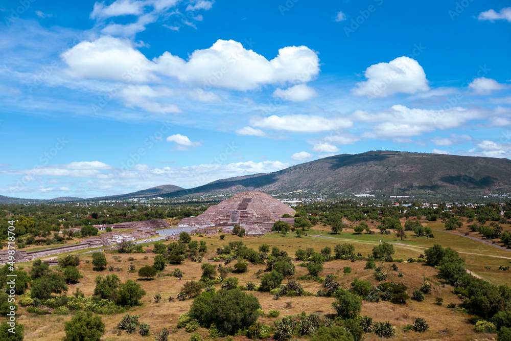 View of the pyramids of Teotihuacan, ancient city in Mexico, located in Valley of Mexico. Teotihuacan pyramids Moon and Sun -Aztecs. UNESCO world heritage