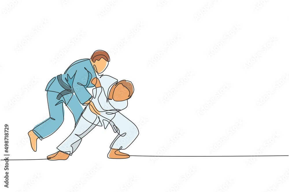 Obraz premium One single line drawing of two young energetic judokas fighter men focus battle fighting at gym center vector illustration. Martial art sport competition concept. Modern continuous line draw design