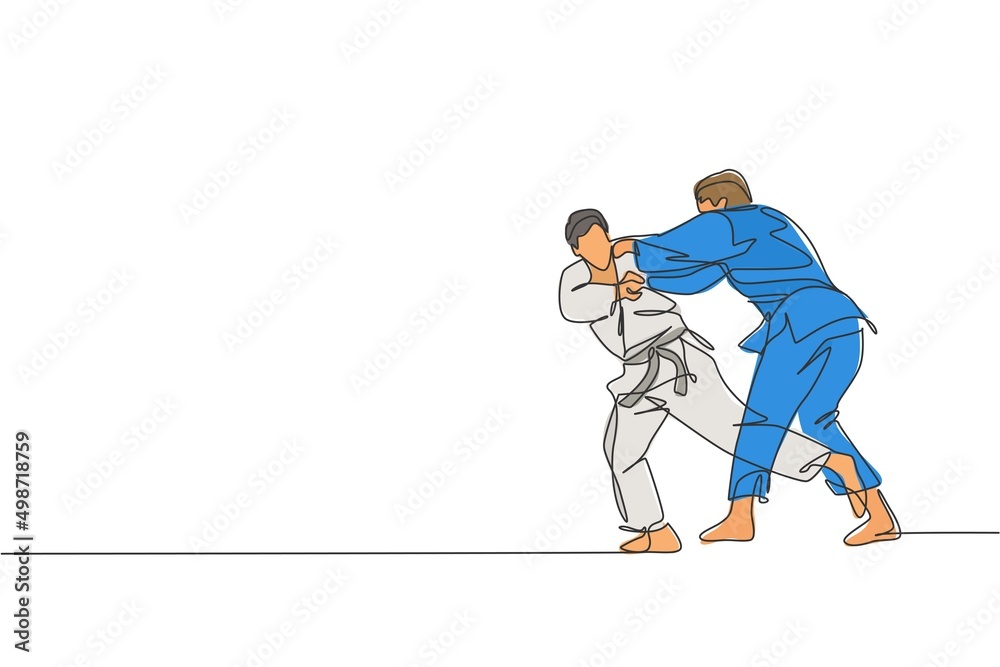 One single line drawing of two young energetic judokas fighter men battle fighting at gym center vector graphic illustration. Martial art sport competition concept. Modern continuous line draw design